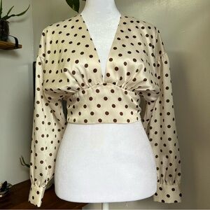 Zara Cream Brown Polka Dot V Plunge Open Back Long Puff Sleeve Silky Crop Top XS